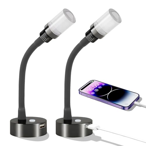 RV Reading Lights Interior, 12V Dimmable LED Reading Light with with 18W USB Charger & Flexible gooseneck, for Camper Travel Trailer Motorhome, 12-24V DC Hard-Wired, 2 Pack (Glossy Black) - color: Glossy Black