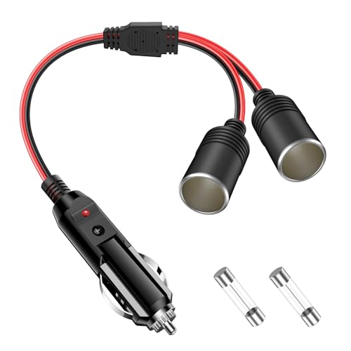 Car Cigarette Lighter Splitter Adapter 2 Sockets, Multi Plug Outlet Extension Cord 12V-24V Dual Female Socket Automotive Replacement Cigarette Lighter 2-Way Splitter Y-Adapter with 15A Fuse