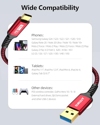 SUNGUY 10Gbps Android Auto USB Cable 3FT, 3A USB C 3.1 Gen2 Cable Data Transfer, USB C CarPlay Cable Fast Charging Compatible with iPhone 17/16/15 Series, Samsung Galaxy S25 S24 Ultra, Pixel - color: Red, size: 3FT