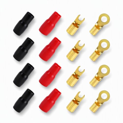 4 Pairs Gauge Wire Connectors Fork & Round, Car Strip Spade Terminal Fork Adapters, 4 Gauge Vehicle Crimp Barrier Spades Connectors, Speaker Wire Cable Terminal Plug for Cars (Red & Black)