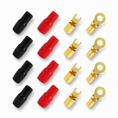 4 Pairs Gauge Wire Connectors Fork & Round, Car Strip Spade Terminal Fork Adapters, 4 Gauge Vehicle Crimp Barrier Spades Connectors, Speaker Wire Cable Terminal Plug for Cars (Red & Black)