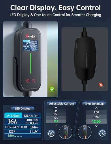 Raylix 16A Level 1&2 EV Charger with Holder, 110V-240V J1772 Charger with 21ft Cable [Adjustable Current &Delay Charging] EV Charger Level 1 with Wall Mount for All SAE J1772, Nema 6-20 & Nema 5-15 - size: 16A For ALL J1772 EVs