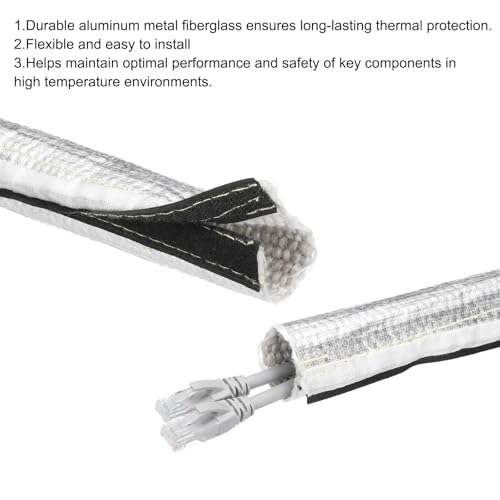 MECCANIXITY 1.5mm Heat Shroud Aluminized Sleeving 2 1/5" ID x 3.2FT Aluminum Metallic Fiberglass Heat Shroud for Fuel Lines Cables Electrical Wiring - size: 2 1/5" ID x 3.2FT