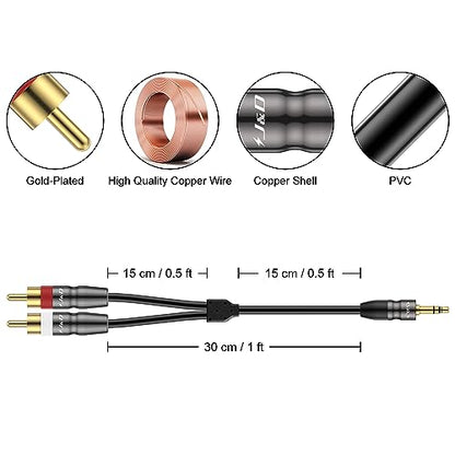 J&D 3.5 mm to Dual RCA Male Stereo Audio Cable, Heavy Duty RCA Cable Gold Plated Copper Shell 3.5mm Male to 2 RCA Male Cable for Smartphone/MP3 Player/Tablet, 1 Feet - size: 1 Feet