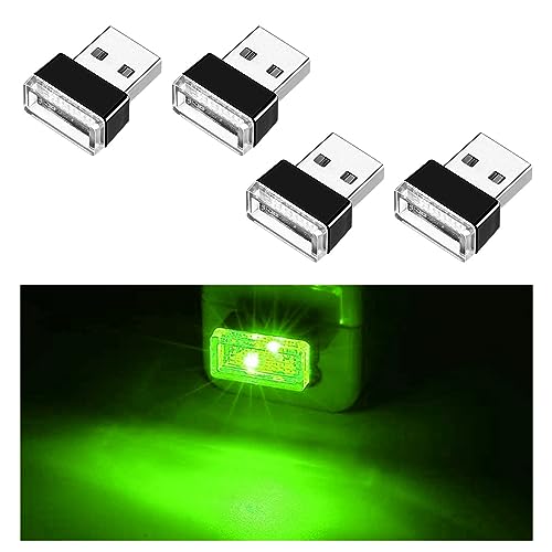 Ziciner 4 PCS USB LED Car Interior Atmosphere Lamp, Portable Mini LED Night Light, Plug-in USB Interface Trunk Ambient Lighting Kit, Universal Car Interior Accessories (Green) - color: Green
