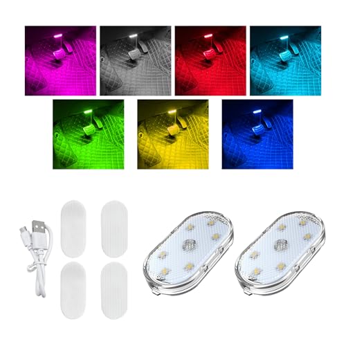 Augeny 2 PCS Car LED Lights Interior Wireless, 7 Colors Sticky Auto Interior Light with 6 Bright LED Lamp Beads, Portable USB Rechargeable Vehicle Interior Led Night Light, Car Accessories - size: 2 PCS, style: Sticky