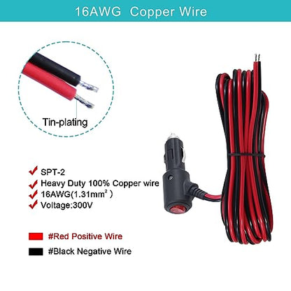 12V 12Volt Fused Replacement Cigarette Lighter Male Plug with On Off Switch - 12FT 12Volt 15amp Male Cigarette Lighter Plug with Bare Wire,12V Cooler Cigarette Plug Replacement with Led Lights - size: 12FT
