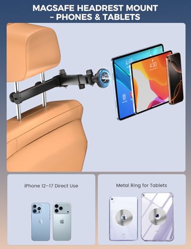 OHLPRO Car Headrest Tablet Holder, iPad Holder for Back Seat with Foldable Telescopic Arm, Magnetic Mount with MagSafe Compatibility for Phones, Fits iPad, Tablet, Road Trip Essentials for Kids