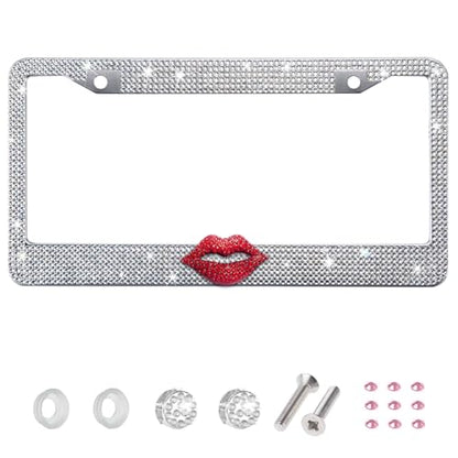 White Bling License Plate Frame for Women, Red Rhinestone Lips - color: White Frame + Red Lip