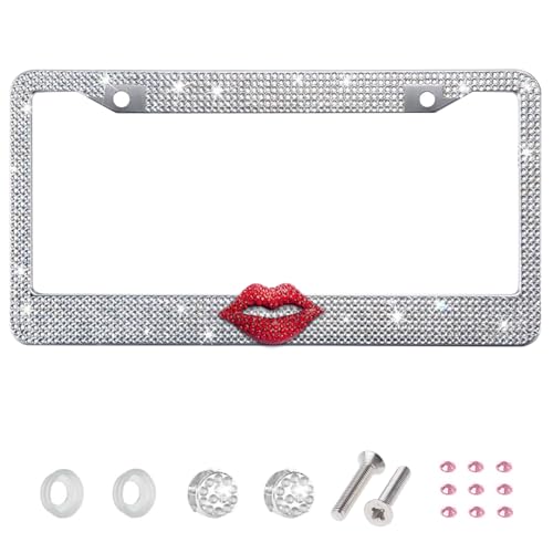 White Bling License Plate Frame for Women, Red Rhinestone Lips - color: White Frame + Red Lip
