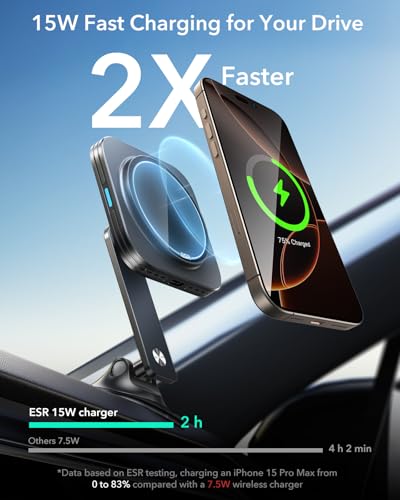 ESR for 15W MagSafe Car Mount Charger, Universal Dashboard/Tesla MagSafe Car Charger, Magnetic Wireless Charging, Adjustable Car Phone Holder for iPhone 17e/17/16/15/14/13/12, S26/S25, Pixel 10, Black