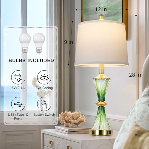 Rinweey Green Glass Table Lamp Set of 2 with USB C+A Ports & AC Outlet, Bedside Lamp, Modern Bedroom Lamps, Coastal Lamp for Night Stands Bedroom Living Room,Nightstand Lamp LED Bulbs Included - color: Green