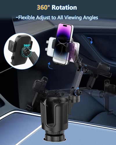 Cup Phone Holder for Car Cup Holder with Expandable Base, Detachable Dual Cellphone Holder Cupholder Car Mount with Long Arm Universal Fit iPhone and Large Bottle, for Truck SUV - color: Black