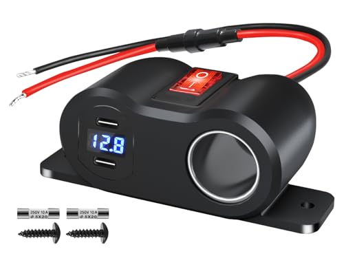 120W Dual PD3.0 Outlet Cigarette Lighter Socket Splitter with LED Voltmeter/Rocker, 12V Car Charger Power Adapter Replacement Plug Female for RV Marine Boat Motorcycle Truck ATV UTV Van (3*10A Fuse) - color: Black White, size: 1P