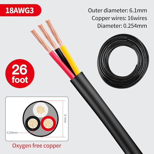 18 Gauge Wire 3 Conductor,18 AWG Electrical Wire Stranded PVC Cord Oxygen-Free Copper Cable,26FT 3 Core Pure Copper Flexible Cable Wire for LED Lamp Lighting Strips Automotive (18AWG-3C, 26FT)… - size: 26FT, style: 18AWG-3C