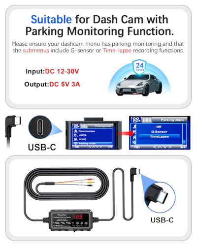 Dash Cam Hardwire Kit USB-C with LED Screen, 12V-30V to 5V 3A 4m/13.12ft Hardwire Kit Adjustable Low Voltage Protection 24H Parking Monitoring Hardwire Power Cable with 8 Fuse Adapter