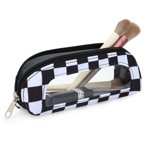 DOB SECHS Small Clear Makeup Bag for Purse Mini Checkered Brush Pouch for Travel Nylon Travel Cosmetic Organizer Pouches Holder Pencil Bag with Zipper Double Sided Clear Make-up Bags - color: Checkered+Clear Winldow