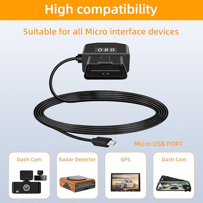 GELRHONR OBD Power Cable for Dash Camera, Micro USB OBD2 Dashcam Hardwire Kit with 24 Hours Surveillance and Acc 2 Mode 12-24 V to 5V/3A 11.5FT, for EV Hybrid Fuel Vehicles(Straight Micro USB Black) - color: Straight Micro USB Black