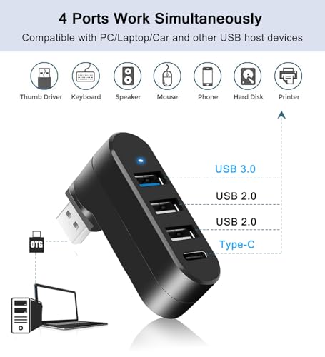 4-Port USB 3.0 Hub [90°/180° Degree Rotatable], Powered USB Hub with 1 x USB C Power/Data Port, USB Expander USB Splitter for Laptop, PC, Car, iMac, MacBook Air/Pro, Tesla-2 Pack - style: 2 Pack Roatating Hub