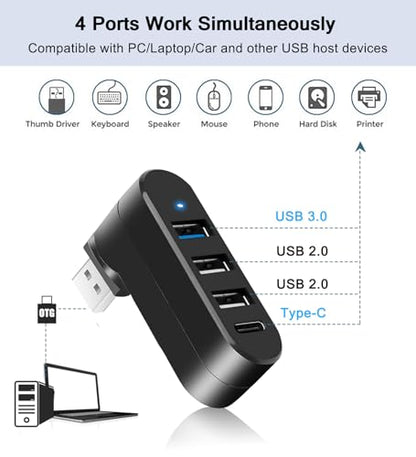 4-Port USB 3.0 Hub [90°/180° Degree Rotatable], Powered USB Hub with 1 x USB C Power/Data Port, USB Expander USB Splitter for Laptop, PC, Car, iMac, MacBook Air/Pro, Tesla-2 Pack - style: 2 Pack Roatating Hub