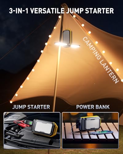 AUXITO Jump Starter: 6000A Car Portable-Battery Jumper Box with 4000LM LED Outdoor Camping Light and Power Bank Function, Up to 10.5L Gas and 10L Diesel Engines, USB Ports and Jumper Cable Included - size: 6000 A