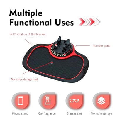 Multifunctional Car Anti-slip Mat, Car Dashboard Anti-slip Pad with Temporary License Plate, 360° Rotatable Dashboard Phone Mount, for Most Cars, Trucks, SUVs (Black & Red)