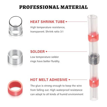 RED WOLF Solder Seal Wire Connector Kit 250 PCS Electrical Heat Shrink Butt Connector for Marine Automotive Boat Truck Home Waterproof Electronics Insulated Splice Joint Wire Terminals