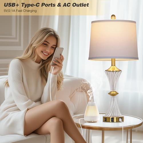 Rinweey Crystal Glass Table Lamp with USB C+A Ports & AC Outlet,Modern Bedroom Lamps,Gold Lamp for Night Stands Bedroom Living Room,Nightstand Lamp LED Bulbs Included,Single Gold - color: Gold-1P