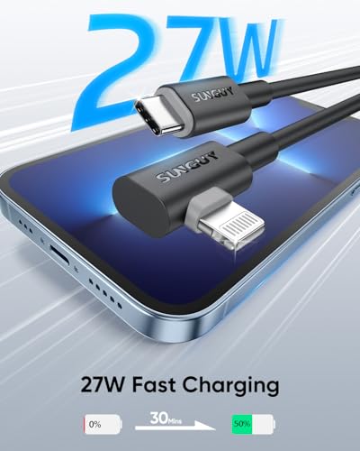 SUNGUY Short USB C to Lightning Cable 6 inch, 2 Pack 27W Right Angle Lightning Cable Fast Charging for iPhone 14/13/12/11 Pro Max Mini XR XS 8 7 6 5 Plus, CarPlay - size: 0.5FT