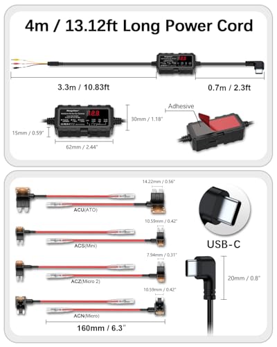 Dash Cam Hardwire Kit USB-C with LED Screen, 12V-30V to 5V 3A 4m/13.12ft Hardwire Kit Adjustable Low Voltage Protection 24H Parking Monitoring Hardwire Power Cable with 8 Fuse Adapter