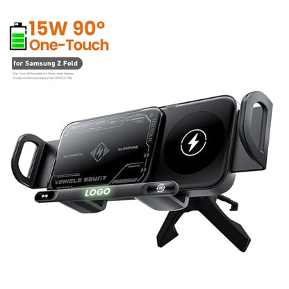 Famous Tech Shop 15W Wireless Car Charger Phone Mount with Auto Clamping, Rotating Car Phone Holder with Dashboard and Windshield Mount, Fast Charging Stand for iPhone and Android