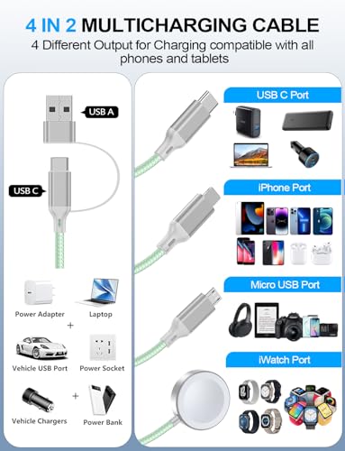 4-in-2 Multi Charging Cable for Apple Watch Charger/iPhone/Galaxy Charger - color: 1-Green, size: 1.8M