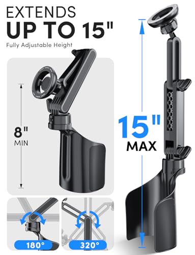 ELWEY Cup Holder Phone Holder for Magsafe, Car Phone Holder Magnetic, Upgraded 2 in 1 Cup Holder Phone Mount with Dual Adjustable Bases, Powerful N55 Magnet, 15" Height, for iPhone 17 Pro Max 16 15