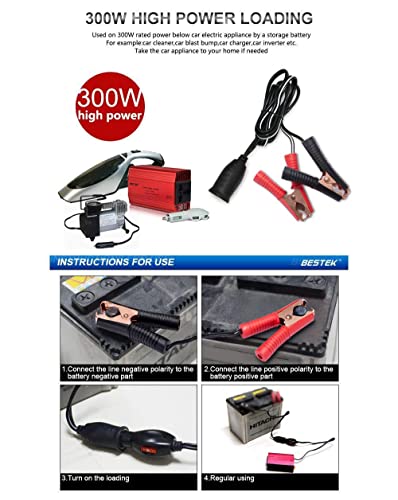 BESTEK 12V 24V Extension Cord Plug Socket with Battery Clamp, 3.9ft/1.2m 16AWG Battery Clip-On Car Cigarette Lighter Adapter