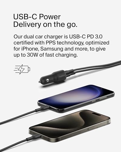 Belkin BoostCharge 42-Watt Dual Port Fast Car Charger w/30W USB-C&12W USB-A Ports,USB-C to C Cable Included for iPhone 17,17 Pro,Galaxy S26,S25,Pixel 10 & 9,Nintendo Switch 2 & More-Black (Pack of 6) - style: Car Charger + USB-C Cable, 6 Pack