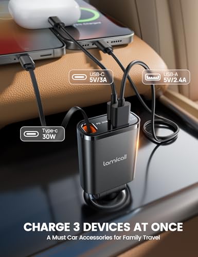 Lamicall Retractable Car Charger USB C 57W Charging for iPhone 17 16 15 - color: Upgrade-Black