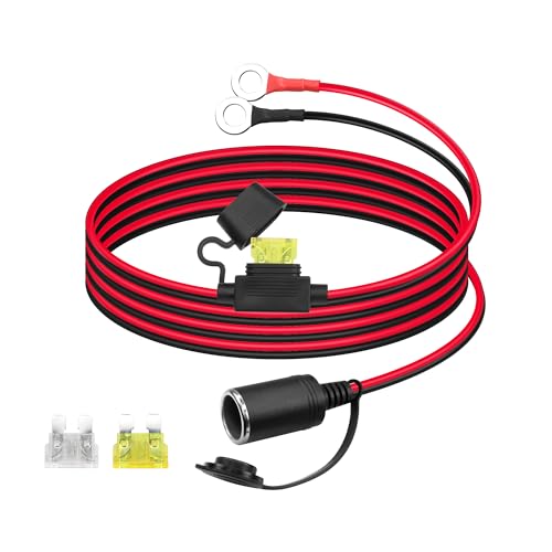 12V Car Cigarette Lighter to O Ring Terminal，14AWG Cigarette Lighter Female Socket to 8mm (0.3inch) Terminal Ring Harness, with 20A Fuse（2M/6FT）