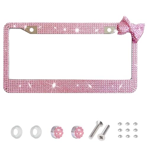 Wanheart 1 Pack Pink Bling License Plate Frame with Pink Corner Bow - color: Pink Frame + Pink Bow