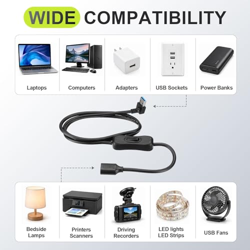 MECCANIXITY USB 3.0 Switch Extension Cable, USB A Male to Female Cord with On/Off Switch Support Data and Power for PC, TV, LED Strips, Laptops, Fan, Car (39.37"/1m, Up Angle)