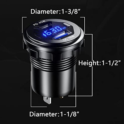 PD 45W USB C Quick Charger 18W USB 3.0 Charger Socket Waterproof with Switch LED Voltmeter and Wire Fuse DIY Kit for 12V/24V Car Boat Marine ATV Bus Truck RV Motorcycle