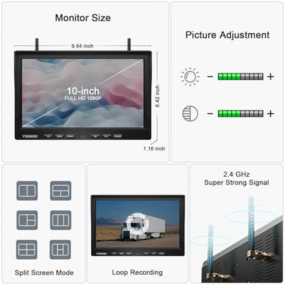 Fookoo Magnetic Wireless Backup Camera: HD 1080P 10" Monitor, 1-Min Install - color: Arctic Black, size: 10 inches 3-Camera