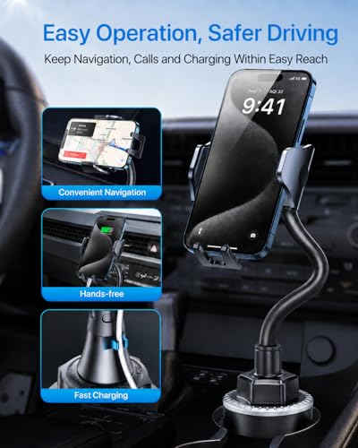 andobil Military-Grade Cup Holder Phone Holder, [Solidest Metal Gooseneck] Universal Cup Phone Holders for Your Car Truck Golf, 360° Adjustable Cup Holder Cell Phone Mount for iPhone Samsung Google - style: Gooseneck-Black