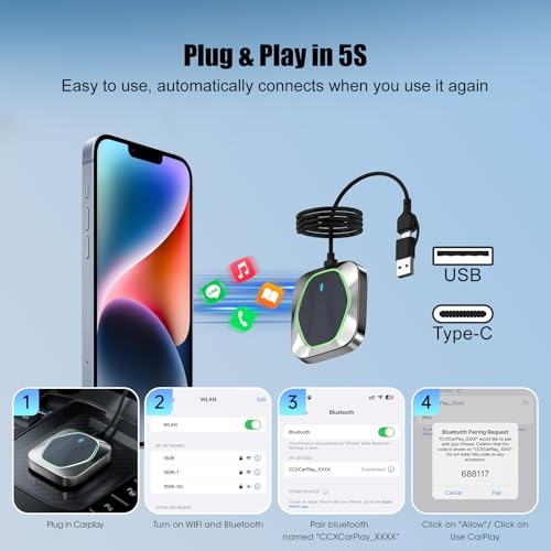 Wireless CarPlay Adapter for iPhone,Convert Wired to Apple CarPlay Wireless Adapter, Plug and Play, with 60CM Extension Cable USB & Type-C, Connection Stable No Delay - style: Metal Panel