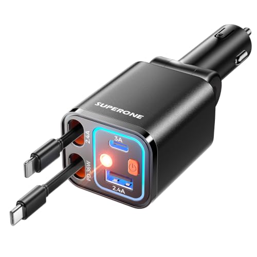 SUPERONE Retractable Car Charger, 69W USB C Fast Charging with Starry Light - color: Starlight, size: Type C & Apple Cord