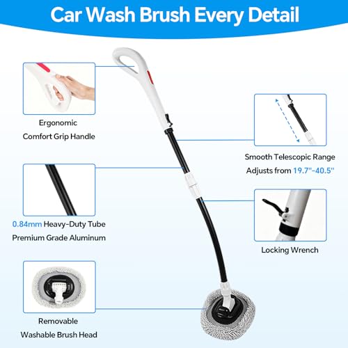 7-in-1 Car Wash Kit with 20L Folding Bucket & Brush – Car Wash Mop with Long Handle, 15° Curved Aluminum Pole for SUV Roof, Car Washing Brushes & Cleaning Supplies, RVs-White. - color: White