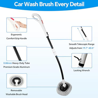 7-in-1 Car Wash Kit with 20L Folding Bucket & Brush – Car Wash Mop with Long Handle, 15° Curved Aluminum Pole for SUV Roof, Car Washing Brushes & Cleaning Supplies, RVs-White. - color: White