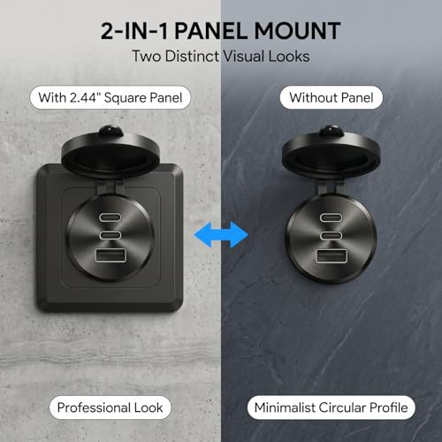 2PCS GIBBAB 90W Waterproof Recessed RV USB Outlet, Aluminum Charger Socket - color: Deep Black, size: 2P