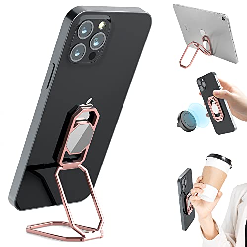 Phone Ring Holder Finger Kickstand, 360° Rotation Metal Phone Grip for Magnetic Car Mount Foldable Cell Phone Stand Compatible with Most Smartphones - color: Silver Rose Gold