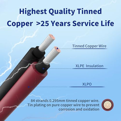 Solar Extension Cable 10AWG 6mm² 150FT PV Wire 10Gauge Adaptor Panels Cables with Female & Male IP68 Waterproof Connectors for Outdoors, Marine, RV, Photovoltaic (Black& Red) - size: 150ft Both ends installed