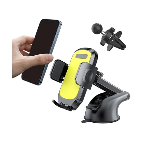 Car Phone Holder, 360° Adjustable Suction Cup Stable Vehicle Dashboard Cell Phone Mount with Air Vent Clamp, Hands Free Automotive Windshield Smartphone Holder, Universal Fit (Yellow) - color: Yellow